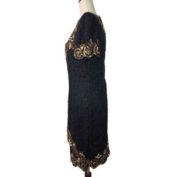 Stenay Black Gold Sequins Beaded Silk Vintage Bling Cocktail Party Dress 12 - Picture 2 of 4